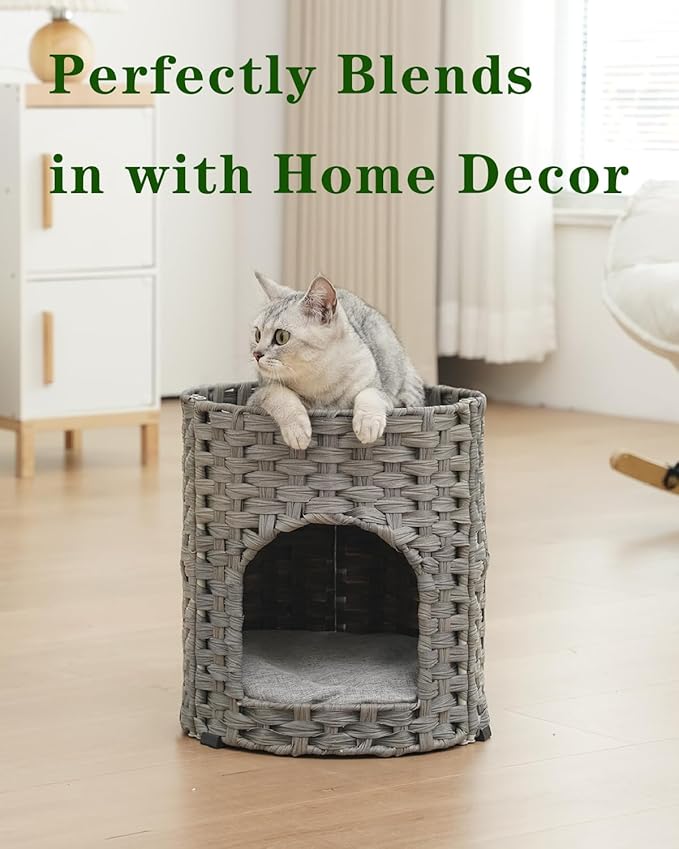 Cat House for Indoor Cat, Small Cat Houses Handwoven PE Rattan Kitten Cave, Pet Kitten Bed Covered, One Bed Pad, 13 x 13 x 13.7 Inches, Foldable Hideaway in Living Room Gray