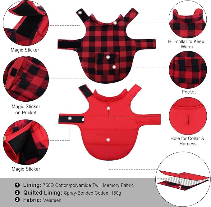 ASENKU Dog Winter Coat, Fleece Doggie Jacket Plaid Reversible Vest Waterproof Windproof Cold Weather Clothes for Small Medium Large Dogs(Red, M)