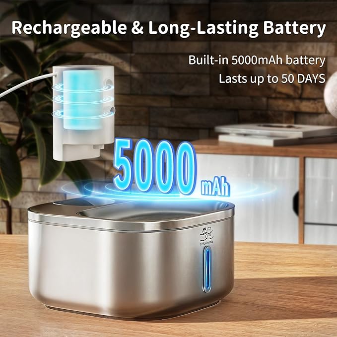 Cordless Cat Water Fountain Stainless Steel: 108 oz/3.2L Water Fountain for Cats Dogs Indoor - Battery Operated Pet Water Fountain Rechargeable - Automatic Cat Water Dispenser with Motion Sensor