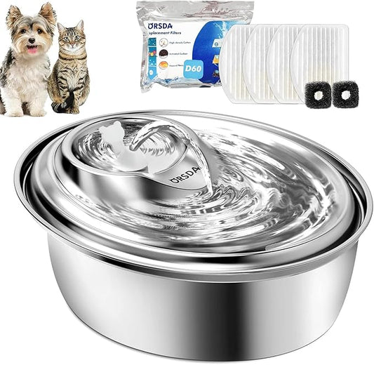 ORSDA Cat Water Fountain Stainless Steel, 3L Automatic Pet Drinking Fountain for Cats Inside, Dog Water Dispenser with Adjustable Water Flow and 6 Replacement Filters for Cats, Dogs