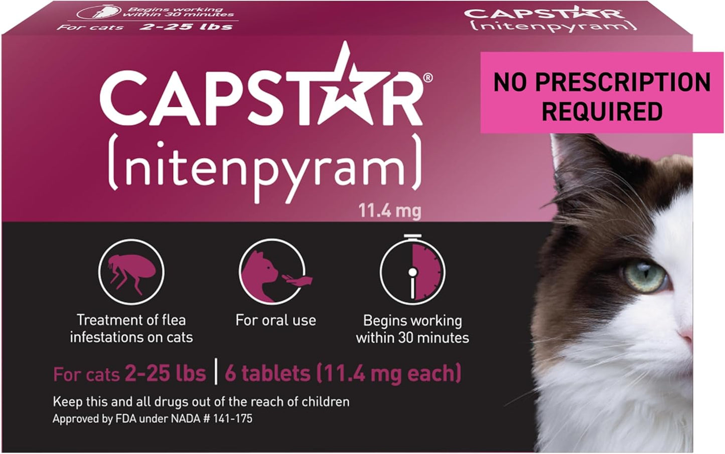 Capstar (nitenpyram) Cat Flea Treatment, Fast-Acting Oral Flea Treatment for Cats 2-25 lbs, Vet-Recommended Medication Tablets Start Killing in 30 Minutes, 6 Doses