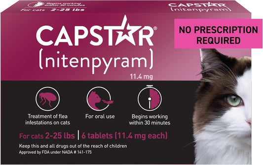 Capstar (nitenpyram) Cat Flea Treatment, Fast-Acting Oral Flea Treatment for Cats 2-25 lbs, Vet-Recommended Medication Tablets Start Killing in 30 Minutes, 6 Doses