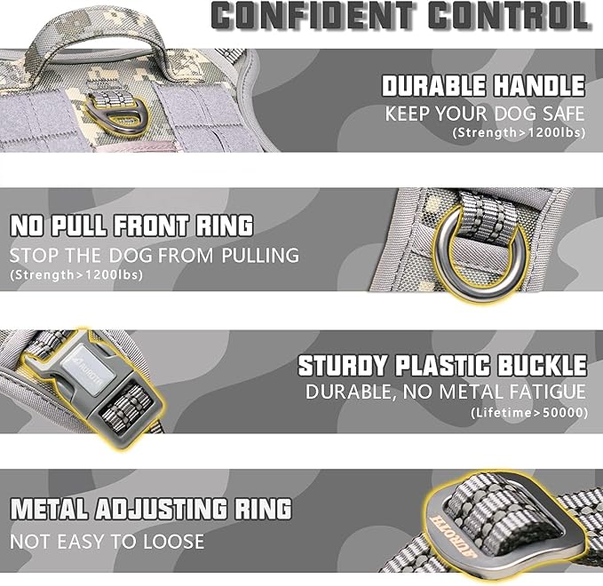 Auroth Tactical Dog Training Harness No Pulling Front Clip Leash Adhesion Reflective K9 Pet Working Vest Easy Control for Small Medium Large Dogs Grey Camo S