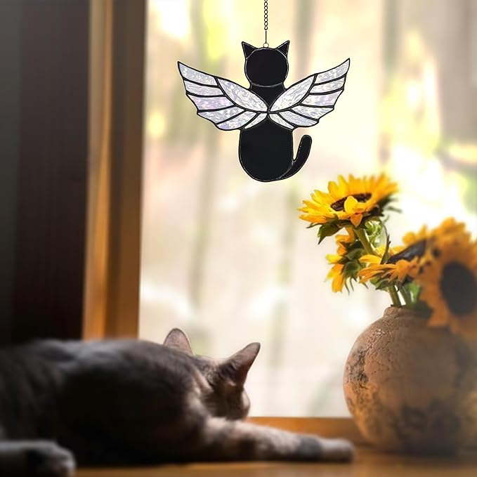 Angel Rainbow Wing Cat Memorial Gifts, Stained Glass Decor for Window Hangings, Orange Black Cat Suncatcher, Loss of Pet Sympathy Gift (Black)