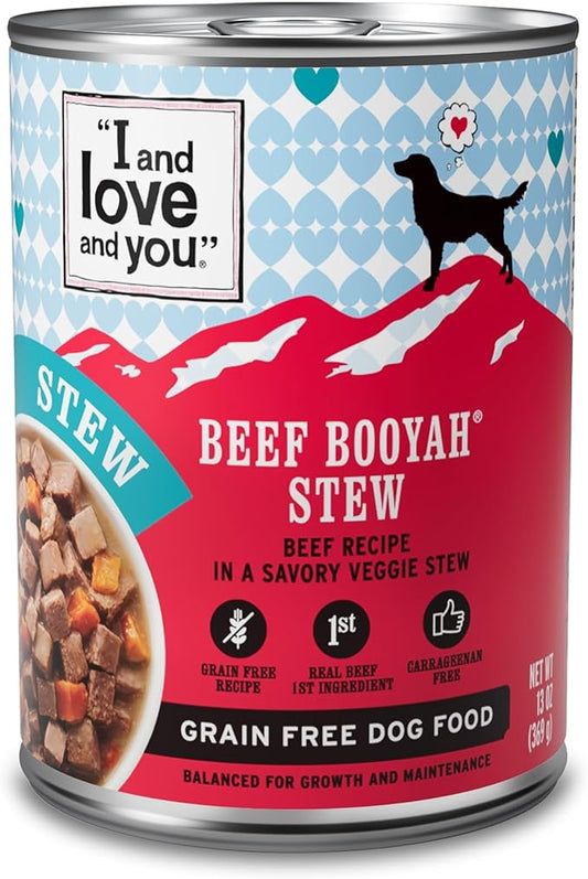 I AND LOVE AND YOU Wet Dog Food - Beef Booyah Stew - Beef Recipe, Grain Free, Filler Free 13oz can, 12pk