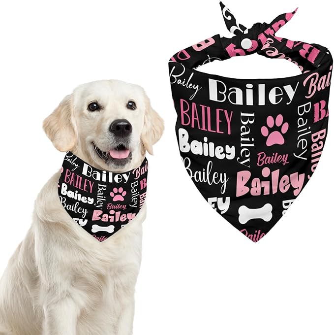 Personalized Dog Bandanas Custom Neckwear Name Button Anti-loosening Dog Scarf Triangle Bibs Kerchief Pet Costume Accessories for Small Medium Large Dogs Cats Pets Birthday-Black