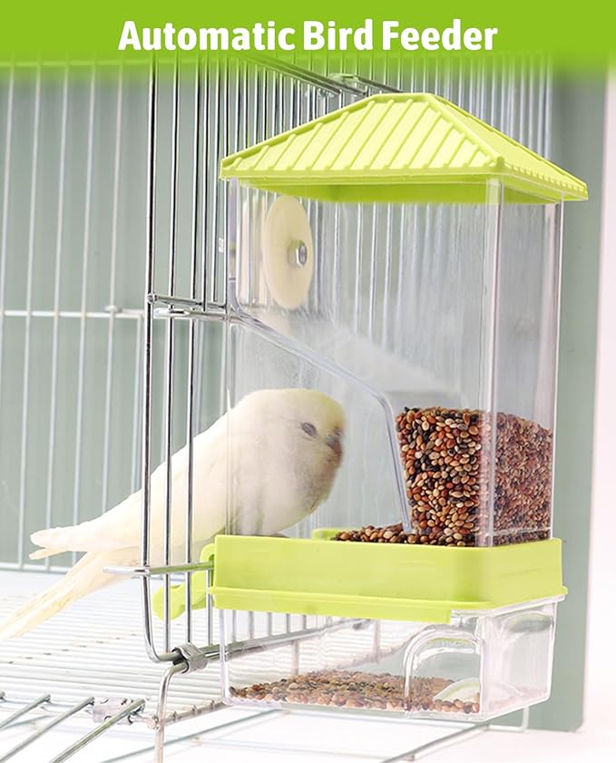 Hamiledyi Automatic Bird Feeder No Mess Bird Cage Feeder Seed Food Container with Perch Transparent Parrot Cage Accessories for Parakeets, Budgies, Cockatoos, Finches, Lovebirds, Canaries (Green)