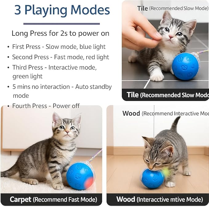 Interactive Cat Ball Toy, Automatic Self-Rolling, Motion-Activated, 3 Replaceable Teaser Wand Tails, Food-Grade TPU-Reinforced, Built-In Bluetooth Speaker with Preloaded Bird Sounds/Optional Music