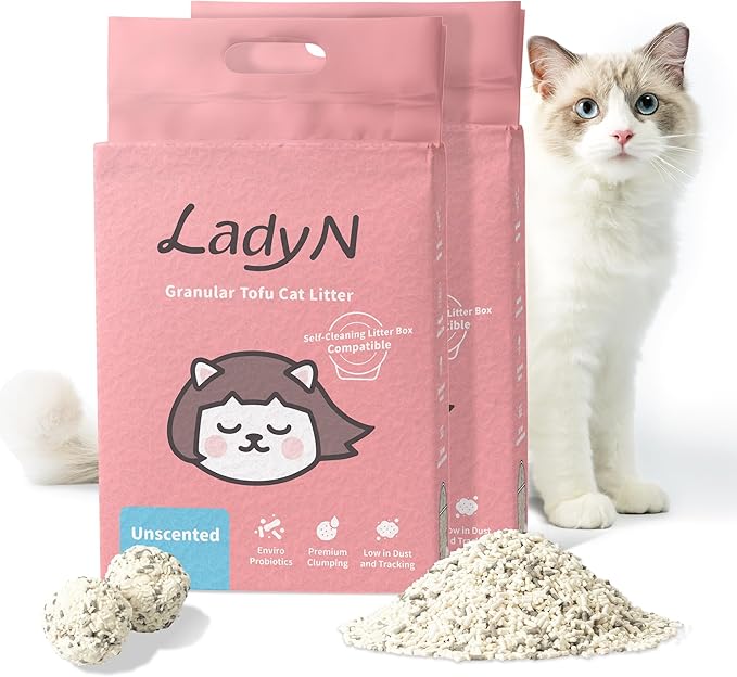 Lady N Granular Tofu Cat Litter Mini-Pellet Compatible with Automatic Self Cleaning Cat Litter Box, Strong Clumping Ultra Absorbent, Low Tracking, Odor Control Activated Charcoal 18lb