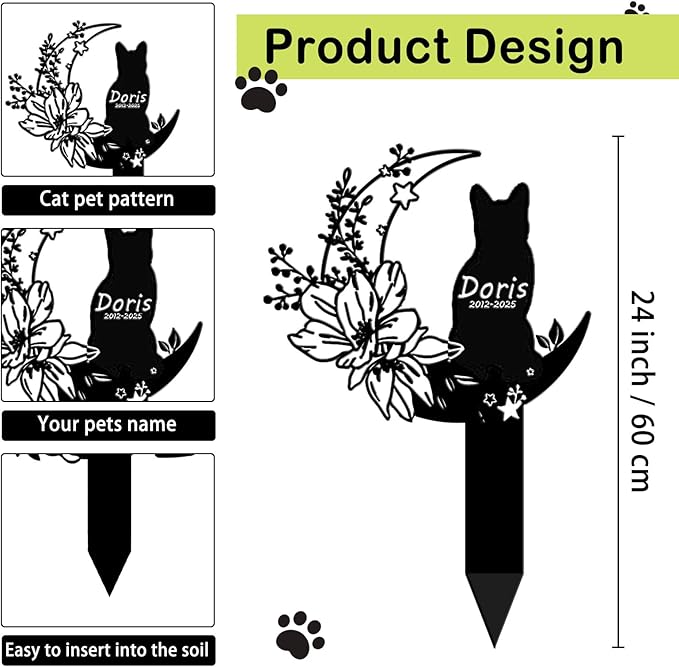 Custom Cat Grave Marker Cat Burial Stake, Personalized Butterfly Flowers Cat Memorial Garden Stake, Metal Cat Memorial Plaque for Outdoors, Customized Pet Headstone