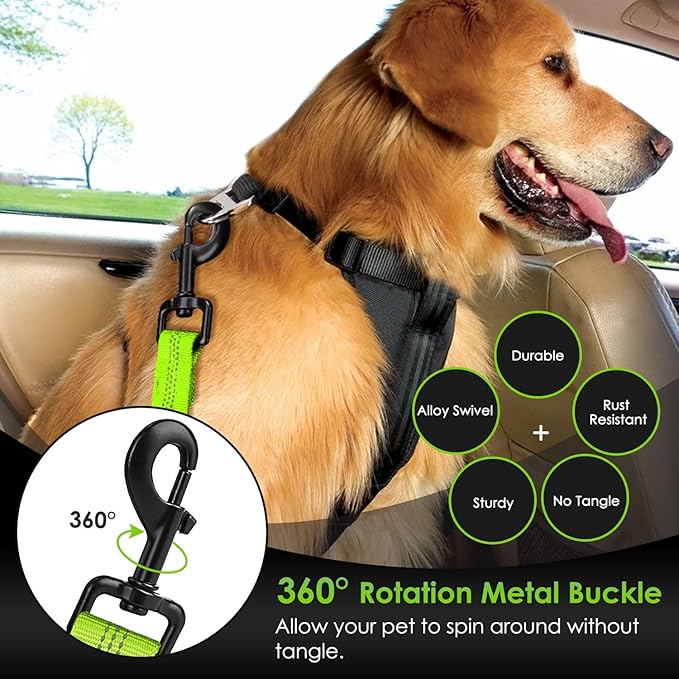 SlowTon Dog Seat Belt, Adjustable Dog Safety Belt Leash, 2 in 1 Latch Bar Attachment Dogs Car Seatbelt with Elastic Nylon Bungee Buffer, Reflective Nylon Belt Tether(VL,35.5in)