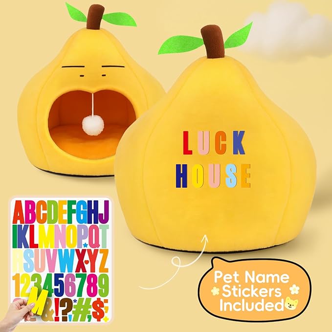 Cute Cat Beds for Indoor Cats, Small Dog Beds, Soft Washable Pet Beds for Kitten and Puppy, Funny Pear Cat Cave, 19 Inches