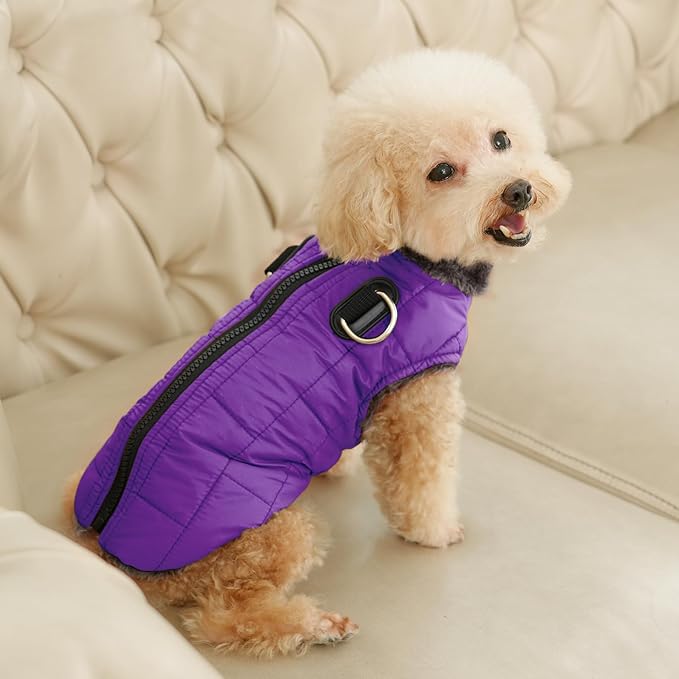 Warm Fleece Dog Coats with Durable Harness Buitl in D-Ring,Waterproof Puppy Jacket for Small Dogs,Dog Vest for Cold Winter,Purple M