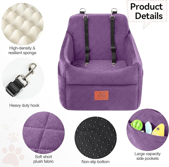 Dog Car Seat for Small/Medium Dogs, Dog Booster Car Seats with Thick Cushion for Dogs Under 35lbs, Detachable Washable Pet Carseat with Storage Pockets, 2 Safety Belts(Purple)