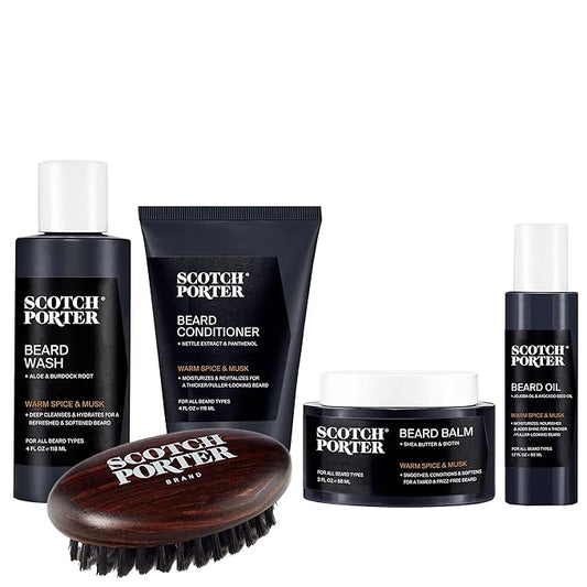 Scotch Porter Beard Care Kit – Cleanse, Moisturize, Soothe & Style Coarse, Dry Hair while Encouraging Growth for a Fuller/Healthier-Looking Beard – Includes Wash, Conditioner, Oil, Balm & Brush