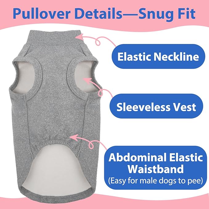 Dog Fleece Vest - Grey, XXL - Pullover Fleece Sweater | Lightweight and Warm Stretchable Sweatshirts for Medium Dogs,Winter Jacket for Border Collie