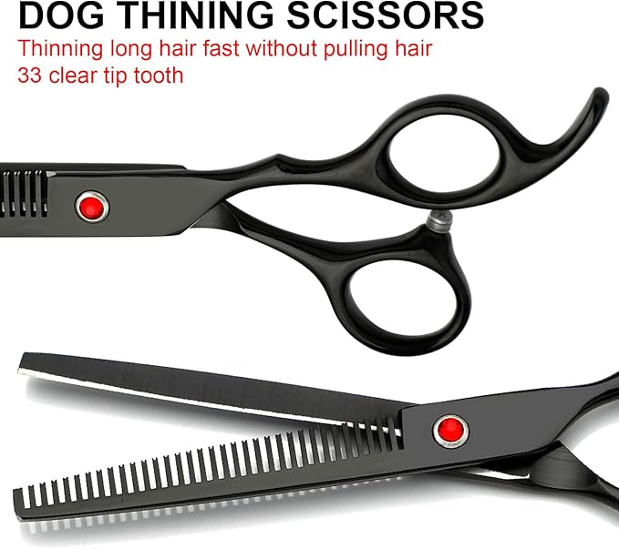 Professional Dog Grooming Scissors Set Stainless Steel Dog Grooming Kit - Thinning, Curved Scissors and Comb for Cat Pet (Black 5 in1)