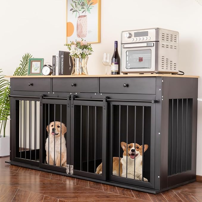 Sunseen Dog Crate Furniture Large Breed Wooden Dog Kennel with Room Divider & 3 Drawer,Double Doors Heavy Duty Dog Crate End Table Indoor TV Stand for Small Medium Large Dog Black,72''W*24''D*35''H