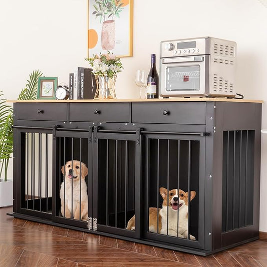 Sunseen Dog Crate Furniture Large Breed Wooden Dog Kennel with Room Divider & 3 Drawer,Double Doors Heavy Duty Dog Crate End Table Indoor TV Stand for Small Medium Large Dog Black,72''W*24''D*35''H
