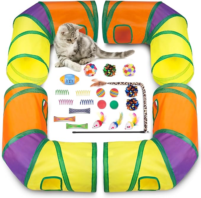 Retro Shaw Cat Tunnels with Cat Toys Pack, Interactive Kitten Toys for Indoor Cats Kitty, Kitten Tube Tent Feather Wand Teaser Bell Fuzzy Ball Springs Mouse (25 Pcs Extra Large Cat Tunnel Toys Set)