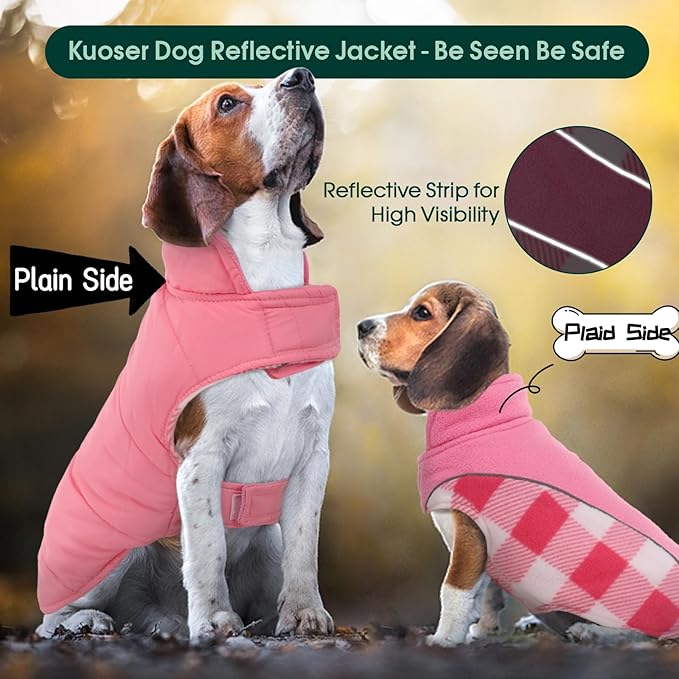 Kuoser Dog Winter Coat, Reversible Waterproof Dog Jacket with Reflective Strip, Warm Dogs Fleece Vest Adjustable Doggy Cold Weather Clothes Plaid Christmas Outfit Pet Apparel for Large Dogs, Pink L