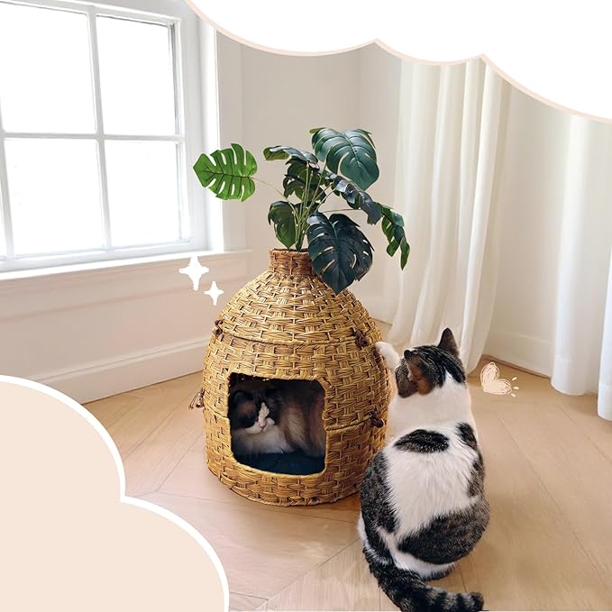 Cat Hidden Litter Box Enclosure Furniture with Artificial Plants,Handwoven Rattan with Cat Litter Box and Real Stones,in Living Room, Bedroom, Corner（Natural）