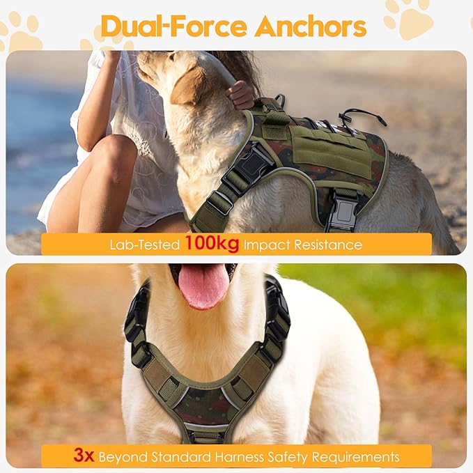 Heavy-Duty Tactical Dog Harness for Large Dogs, No Pull Adjustable Reflective Pet Vest with Molle System, K9 Military-Grade Control for Service Training, Outdoor & 10+ Breeds, Green Camo, X-Large