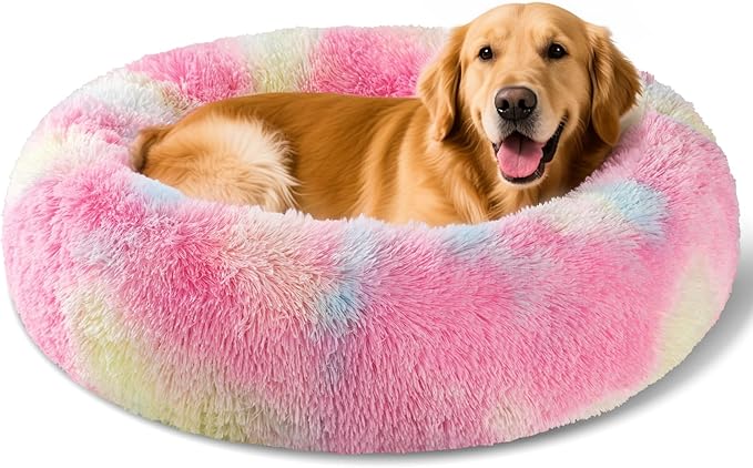 Dog Calming Beds for Small Medium Large Dogs - Round Donut Washable Puppy Dog Bed, Anti-Slip Faux Fur Fluffy Donut Cuddle Anxiety Cat Pet Bed(36'' Color)