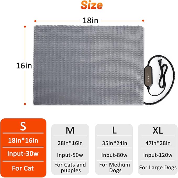 Cat Heating Pad, Waterproof Heated Cat Dog Bed with Adjustable Temperature & Timer, Electric Pet Mat for Indoor Cats Dogs, Chew Resistant Steel Cord（Small: 18"x16" Gray）
