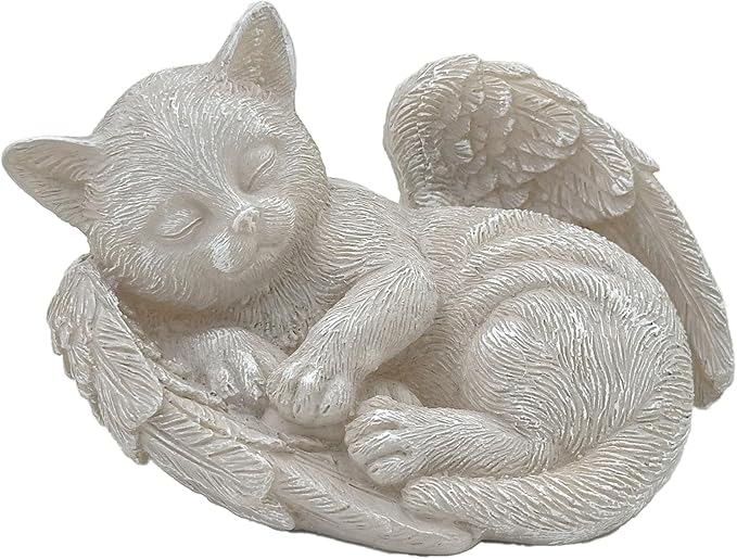 Small Cat Memorial Stone Commemorates Our Lost Fur Baby,Peaceful Sleeping Angel Statue for Garden,Indoor,Pet Grave Markers,and Loss of Cat Sympathy Gift (Milky White, Small)