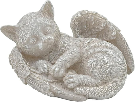 Small Cat Memorial Stone Commemorates Our Lost Fur Baby,Peaceful Sleeping Angel Statue for Garden,Indoor,Pet Grave Markers,and Loss of Cat Sympathy Gift (Milky White, Small)