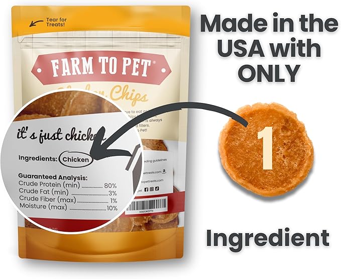 Farm To Pet - Dog Training Treats - Chicken Chips, Single Ingredient - 4 oz, Lean, All Natural, Healthy Dog Treats for Small, Medium, Large Breeds, & Puppies, Made in USA