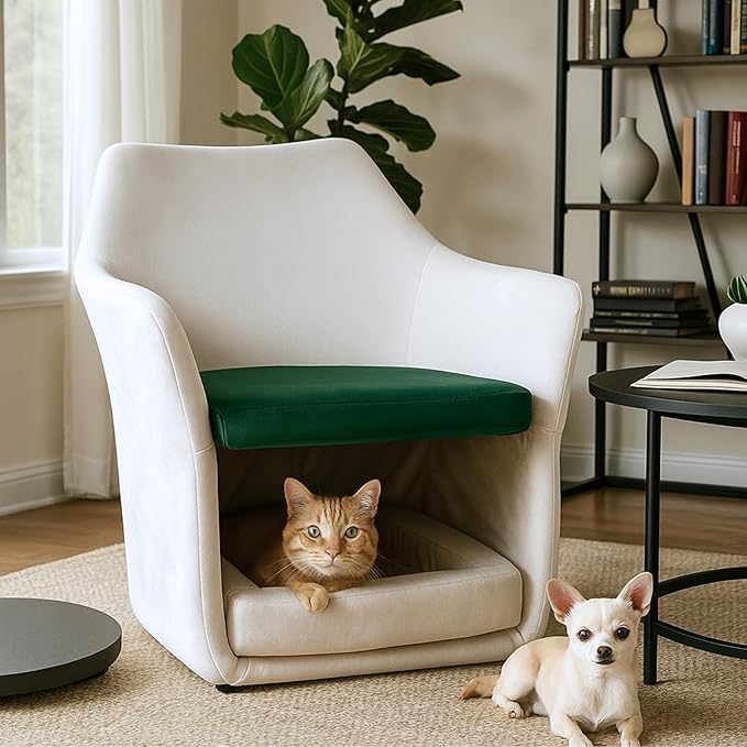 Velvet Chair with Cat Bed for Cats Lover, Pet-Friendly Single Sofa Armchair with Pet Nest for Living Room, White.