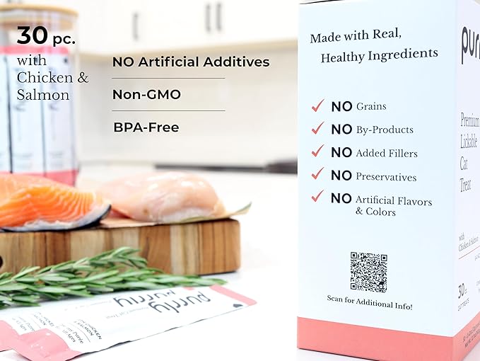 Purrly Hydrating Wet Cat Treat Snack Topper Creamy Purée Human-Grade Chicken Breast & Salmon with Omega-3 & 6 for Skin & Coat (30 Count) Healthy Lickable Squeeze Soft Snack