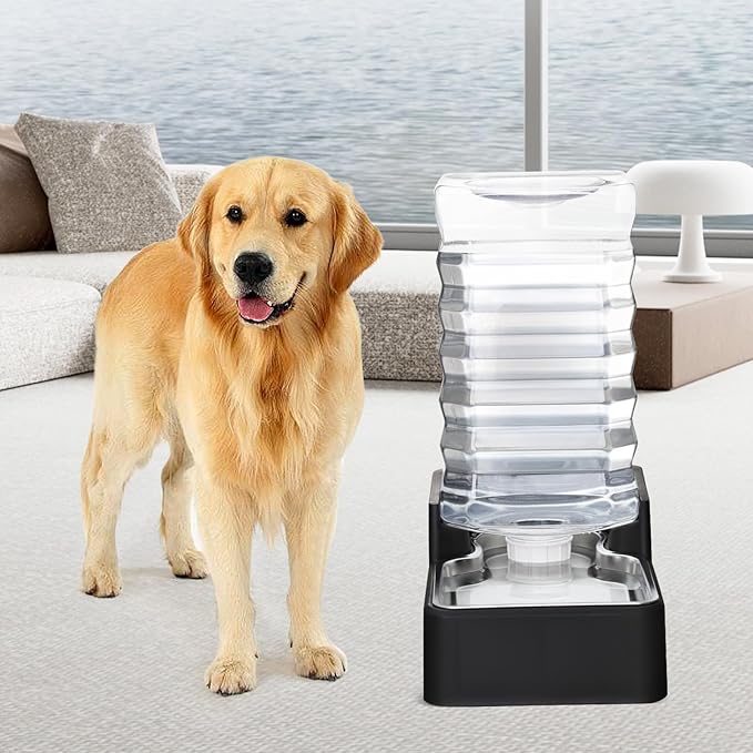 RIZZARI Stainless Steel Pet Water Feeder: 9L Automatic Leak-Proof Gravity Dispenser for Cats Dogs Indoor Outdoor Use（Black Without Filter,9L）
