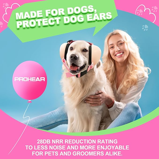 PROHEAR Dog Ear Muffs Hearing Protection for Dogs, NRR 28dB Noise Cancelling Headphones, Easy to Adjust Dog Hearing Protection Earmuffs for Thunder, Hunting, Tourism, Cars, Racing, Medium, Pink