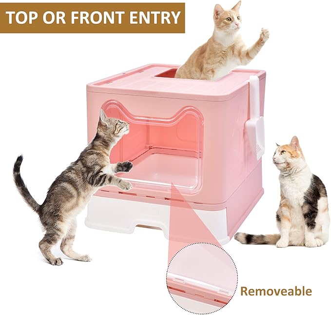 Cat Litter Box with Lid, Top Entry Cat Litter Box Pan, Enclosed Cat Potty, Anti-Splashing Cat Toilet, Foldable Litter Box Large Covered Cat Supplies with Scoop Brush and Garbage Bag