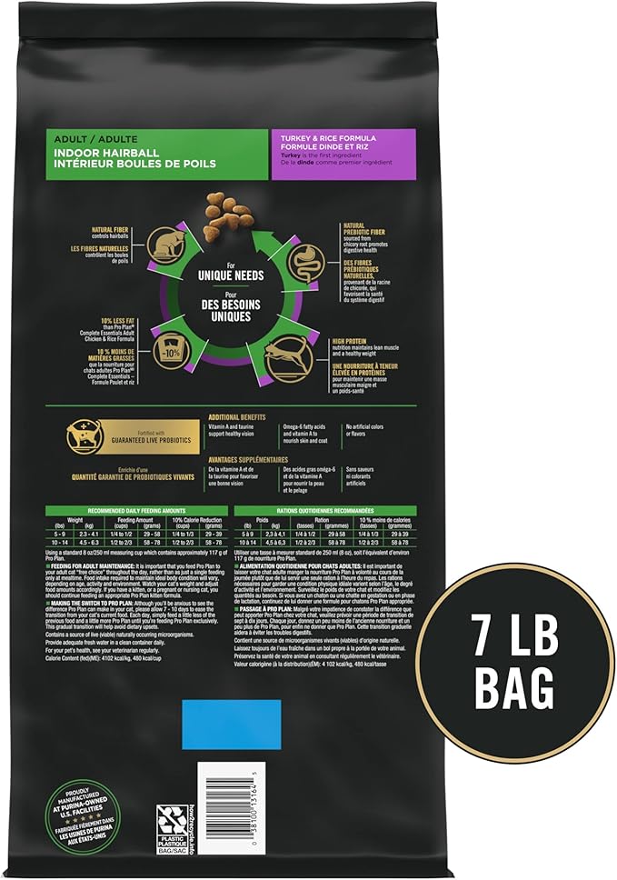 Purina Pro Plan Hairball Management, Indoor Cat Food, Turkey and Rice Formula - 7 lb. Bag
