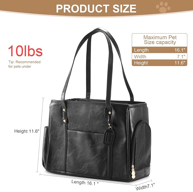 Fashion Dog Carrier Purse, Premium Leather Cat Carrier Bag, Airline Approved Soft Sided Pet Travel Tote Bag with Pockets Black
