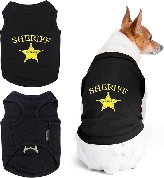 Parisian Pet Dog Tshirt - Embroidered “ Sheriff “ Dogs Apparel - Lightweight and Skin Friendly Dog Clothes - Sleeveless Black Doggy Tee Shirts - Machine Washable Shirts for Small Dogs - XS