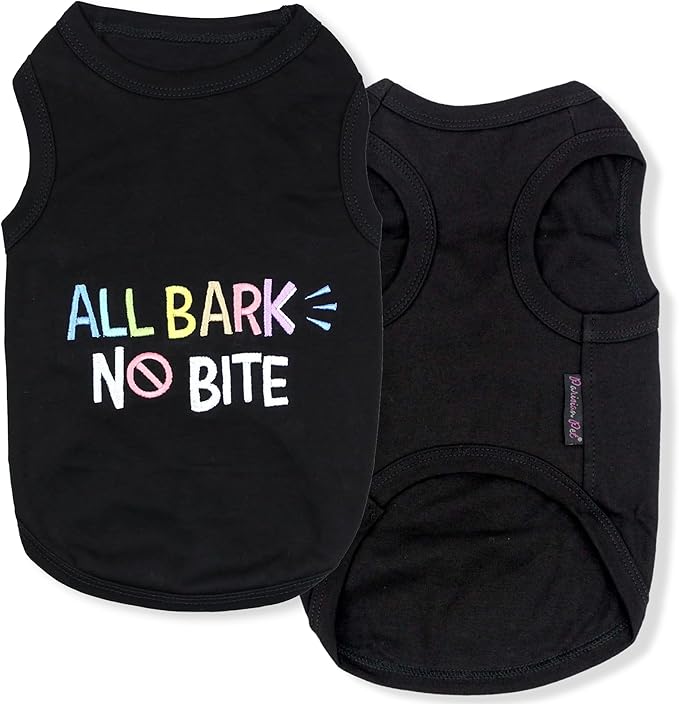 Parisian Pet Dog T-Shirt - Embroidered ' All Bark No Bite ' 100% Cotton, Dog Clothes - Sleeveless Pet Vest - Machine Washable Dog Shirts for Small Dogs S