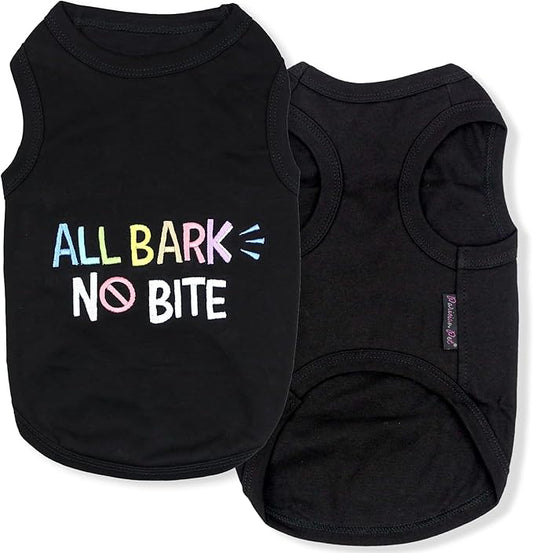 Parisian Pet Dog T-Shirt - Embroidered ' All Bark No Bite ' 100% Cotton, Dog Clothes - Sleeveless Pet Vest - Machine Washable Dog Shirts for Small Dogs S