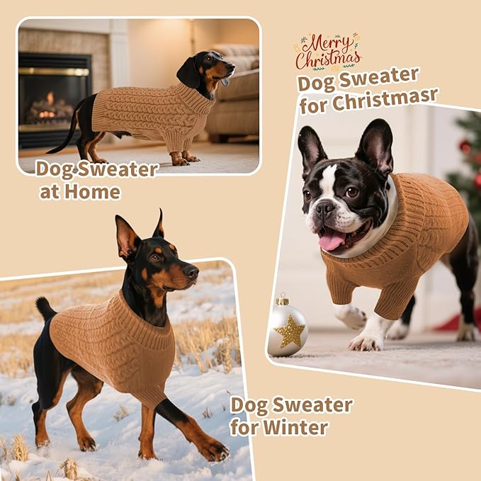 SAWMONG Dog Sweater, Dog Sweaters for Large Dogs Girls Boys, Pullover Turtleneck Knitted Doggy Sweatshirt, Cold Weather Pet Clothes（Khaki, X-Large
