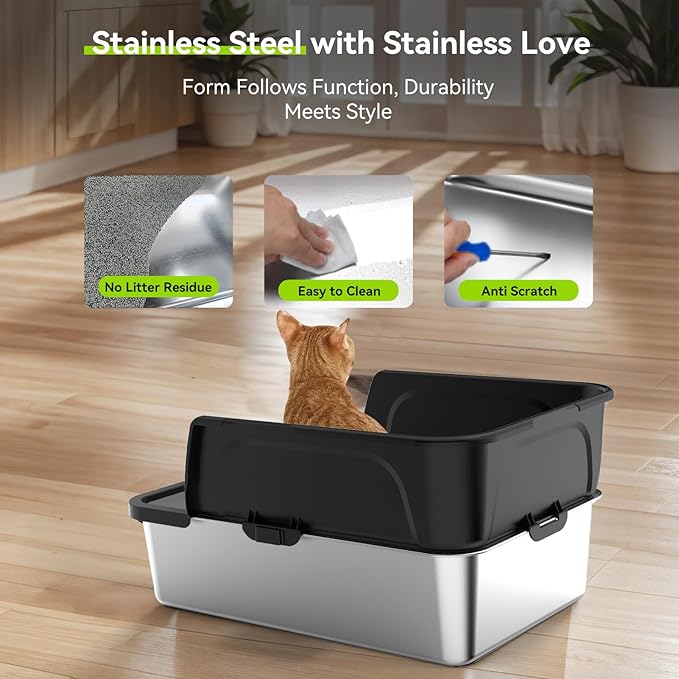 Cordless Cat Water Fountain Stainless Steel+ Litter Box Set, 4L Automatic Wireless Pet Water Dispenser with 20pack Filter + Cat Litter Box Sets for Multi Pet Family