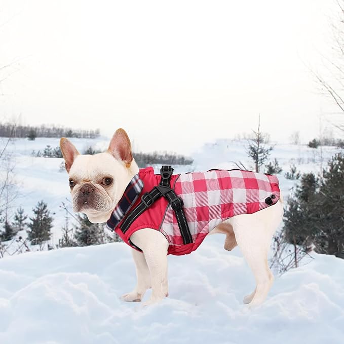 Dog Coat with Harness,Small Dog Winter Coat,Doggie Jackets with Built in Harness,Adjustable Warm Jacket for Medium Large Dogs,Pet Puppy Cold Weather Coats for Dogs Waterproof (PlaidPink, X-Large)