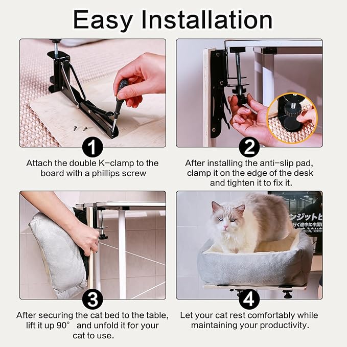 Cat Desk Bed – Innovative 90° Foldable Desk Cat Bed with Thick Cushion, Supports Up to 44 lbs, Quick Installation Without Drilling