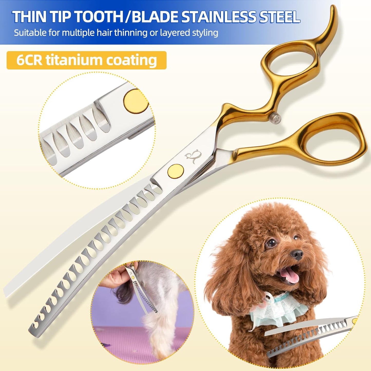 Dog Grooming Scissors,Curved Chunkers Shears Deg Grooming with Safety Round Tips, Sharp and Comfortable 4 in 1 Dog Scissers for Grooming