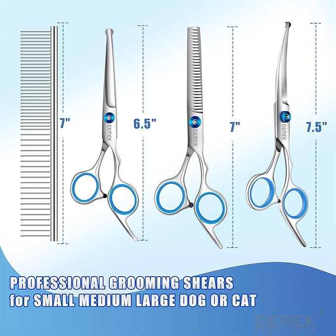 GEMEK Professional Grooming Scissors for Dogs with Safety Round Tips, Dog Grooming Scissors Set - Thinning, Straight, Curved Shears and Comb for Long Short Hair for Dog Cat Pet (Blue-5 in 1)