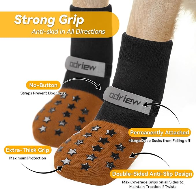 Non Slip Dog Socks to Prevent Licking Paws - Dog Booties for Hardwood Floors Anti Slip - Grippy Socks for Senior Dog - Double Side Paw Protector Prevent Scratching for Hot Pavement. (Khaki, M)