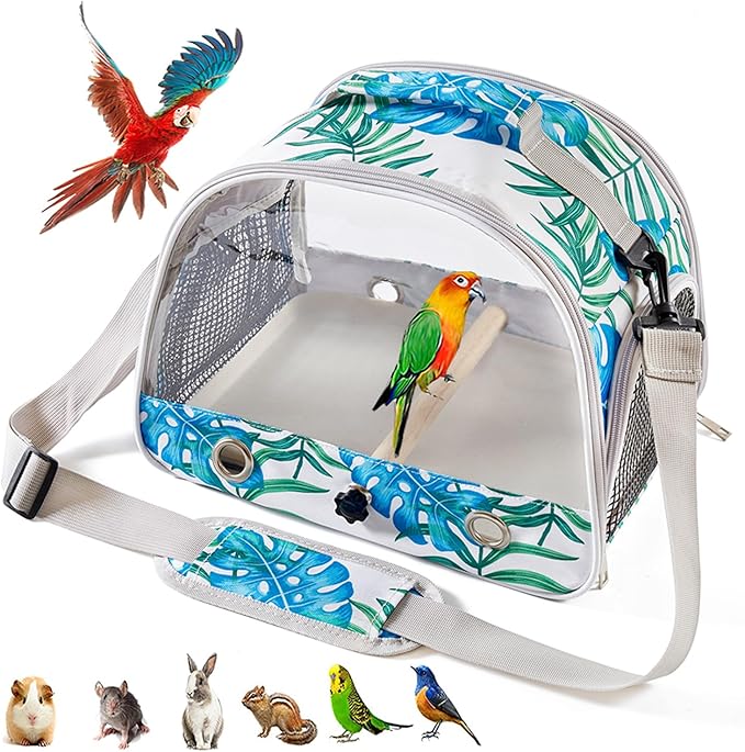 Small Bird Carrier Cage with Standing Perch & Tray Portable & Breathable Pet Travle Transport Carry Bag with Shoulder Strap for Vet Visit & Outdoor Walking (Printed)